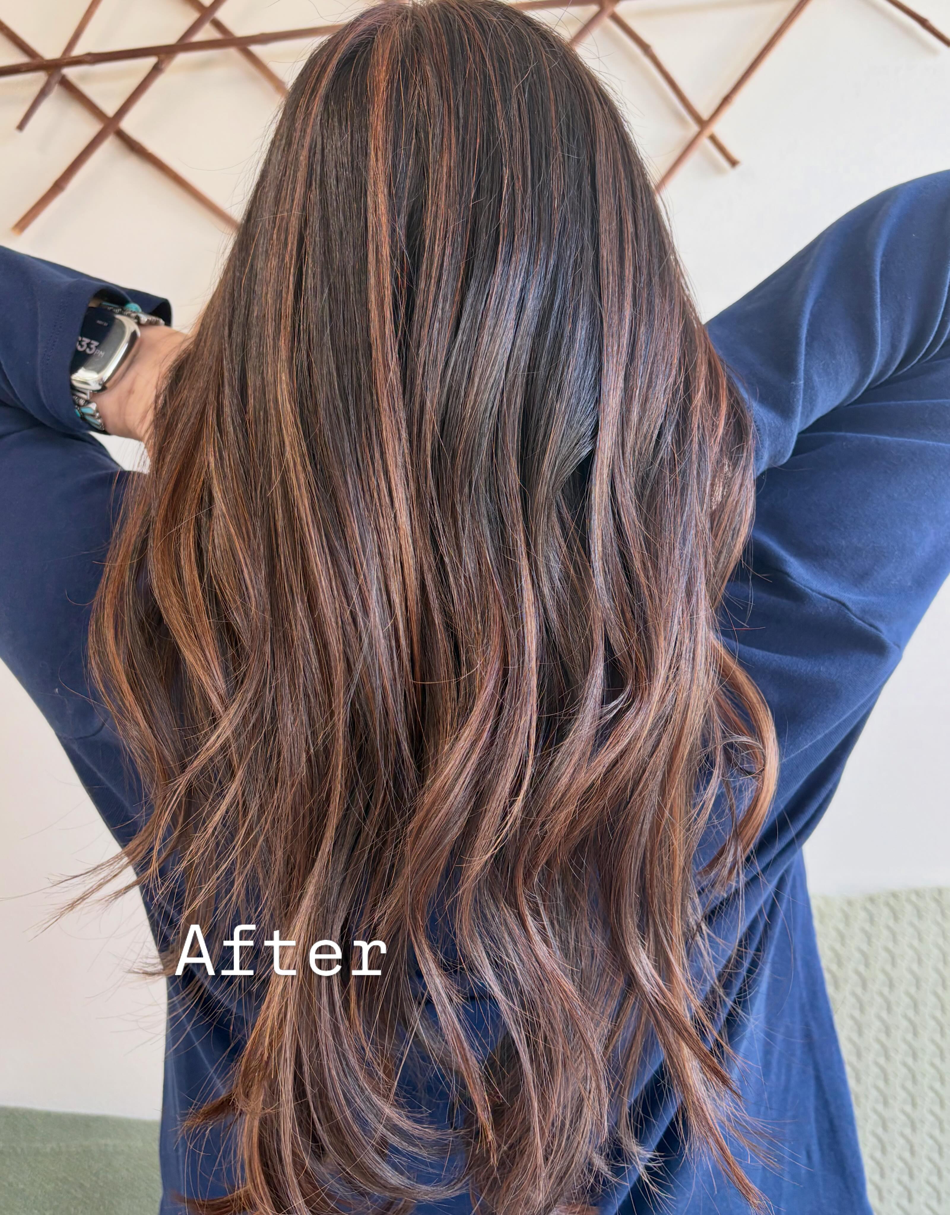 Copper babylights and deep demi lowlights to break up solid color, soften the grow out, and blend those greys for a richer, more dimensional finish ✨ #hairbydawncohan #nilesmihairstylist