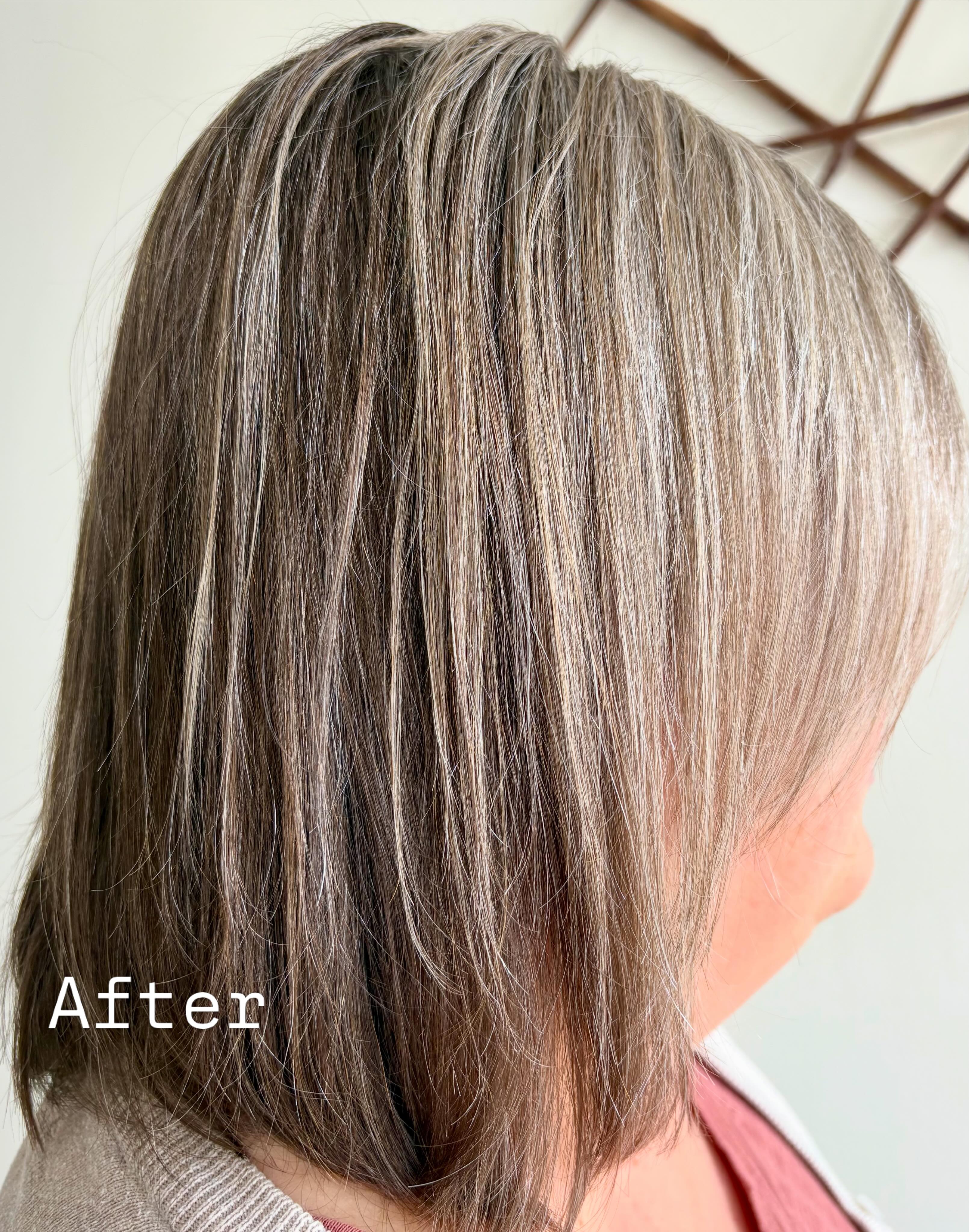 Partial babylights and subtle lowlights for the softest, most natural grey blend ✨

#greyblending #babylights #hairbydawncohan #nilesmihairstylist
