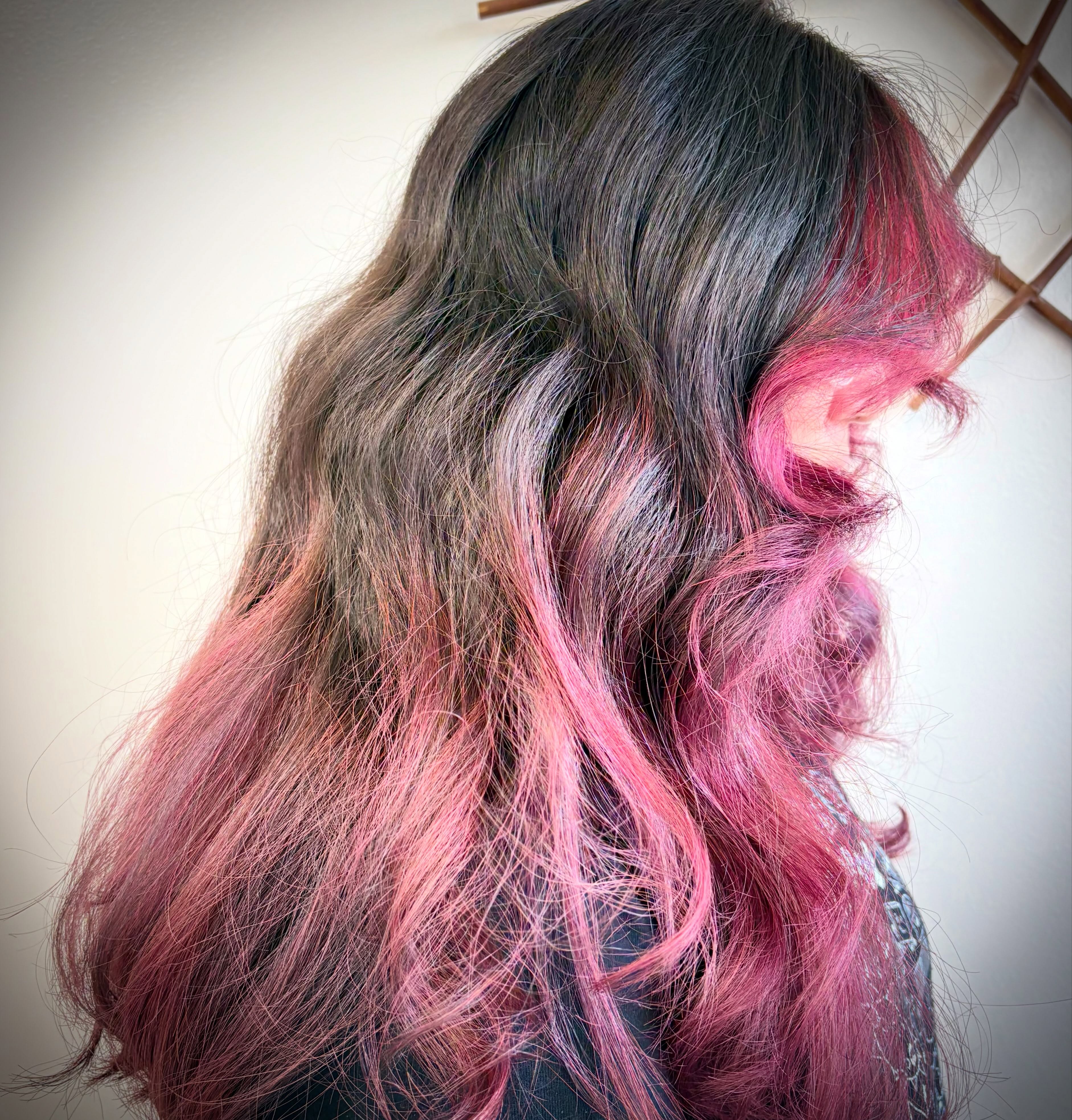 Who says vivid color has to be all-over? A deep brunette paired with a soft berry melt keeps it bold, wearable, and low maintenance. 💜 #hairbydawncohan #nilesmihairstylist